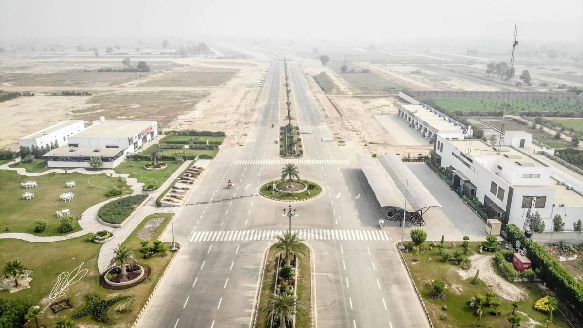 Aerial view of Park Avenue Lahore with developed roads and green areas in 2025