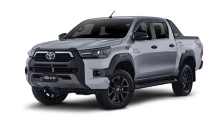 Toyota Revo Rocco 2025 in Pakistan showcasing front grille, LED headlights, and black alloy wheels