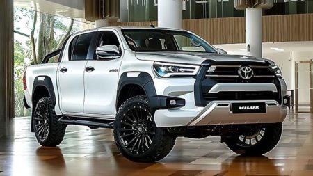 Front view of Toyota Revo Rocco 2025 parked on rugged terrain in Pakistan