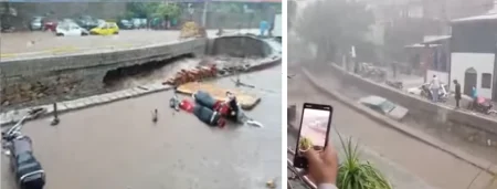 Islamabad’s Saidpur village was by a severe flooding following heavy rain, causing two vehicles to be swept away into overflowing drains.