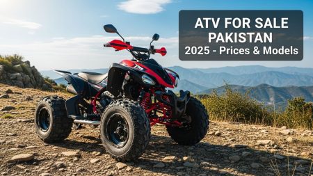 Modern ATV on rugged terrain in Pakistan with scenic background