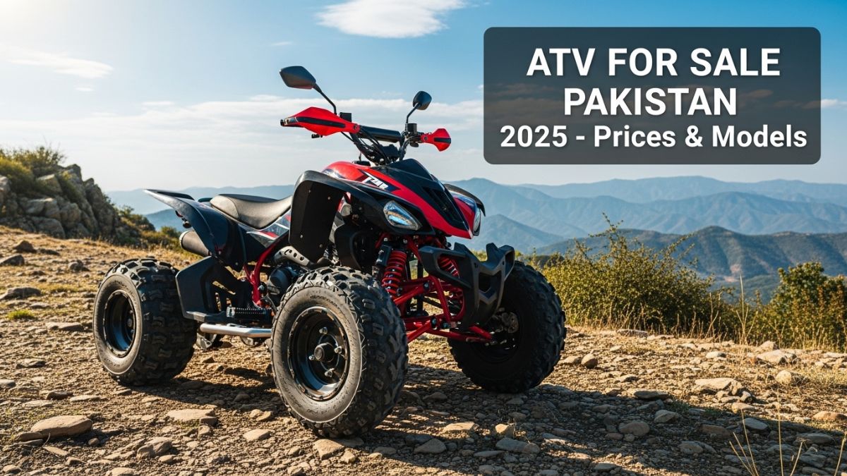 Modern ATV on rugged terrain in Pakistan with scenic background