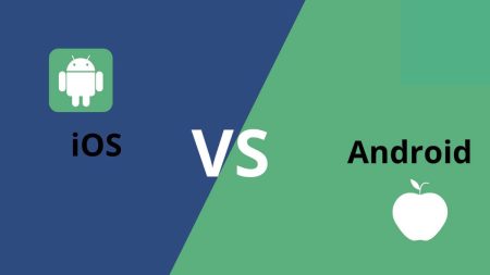 Side-by-side image of Android and iOS smartphones comparing features and performance in 2025
