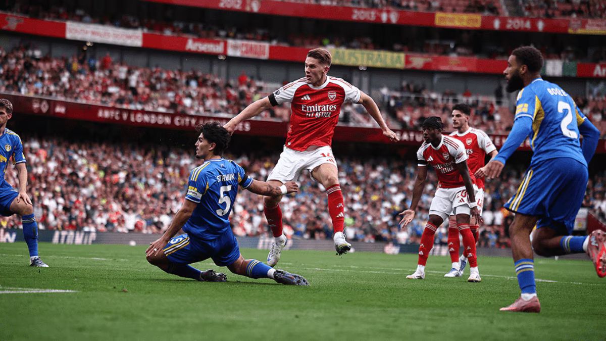 Arsenal players celebrating goals in 5-0 win over Leeds at Emirates Stadium