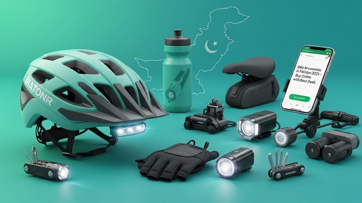 Motorcycle accessories including helmets, lights, and performance parts available online in Pakistan 2025