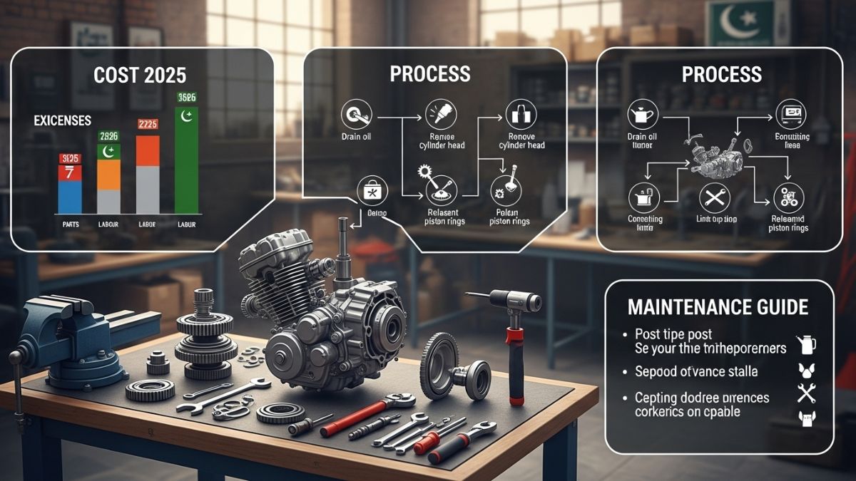 Bike Engine Overhaul in Pakistan – Mechanic repairing motorcycle engine with piston, cylinder, and tools in a Pakistani workshop.
