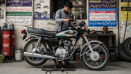Motorcycle being tuned in a professional workshop in Pakistan