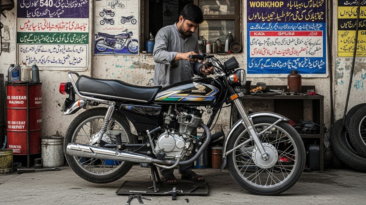 Motorcycle being tuned in a professional workshop in Pakistan