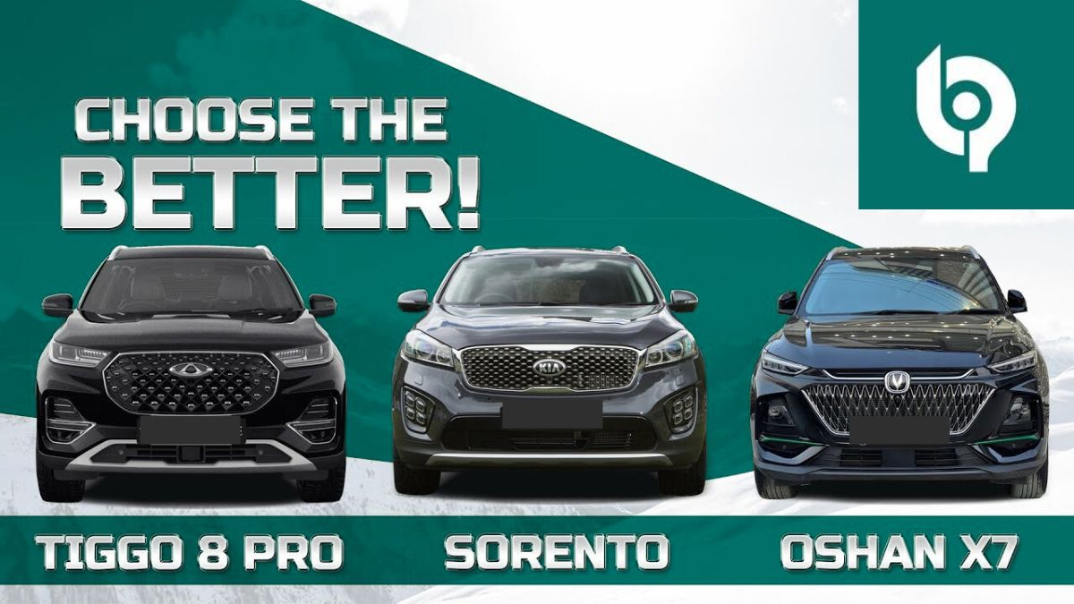 Side-by-side comparison of Chery Tiggo 8 Pro Max, Kia Sorento, and Oshan X7 SUVs in Pakistan