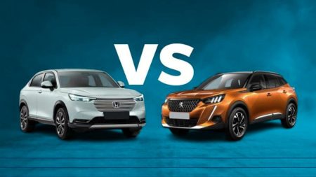 Toyota Corolla Altis Grande and Peugeot 2008 Allure side-by-side comparison image showcasing design and features.