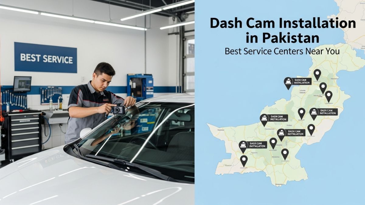 Professional technician installing a dash cam on a car in Pakistan