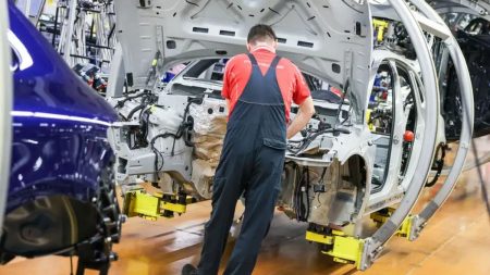 German automobile factory with empty workspace due to layoffs