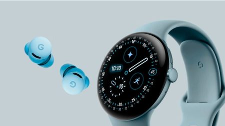 Google Pixel Buds 2a wireless earbuds with charging case and Pixel Watch 4 smartwatch showing curved display