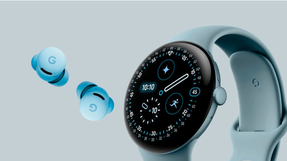 Google Pixel Buds 2a wireless earbuds with charging case and Pixel Watch 4 smartwatch showing curved display