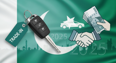 Car trade-in process at a Pakistani dealership with staff inspecting a vehicle