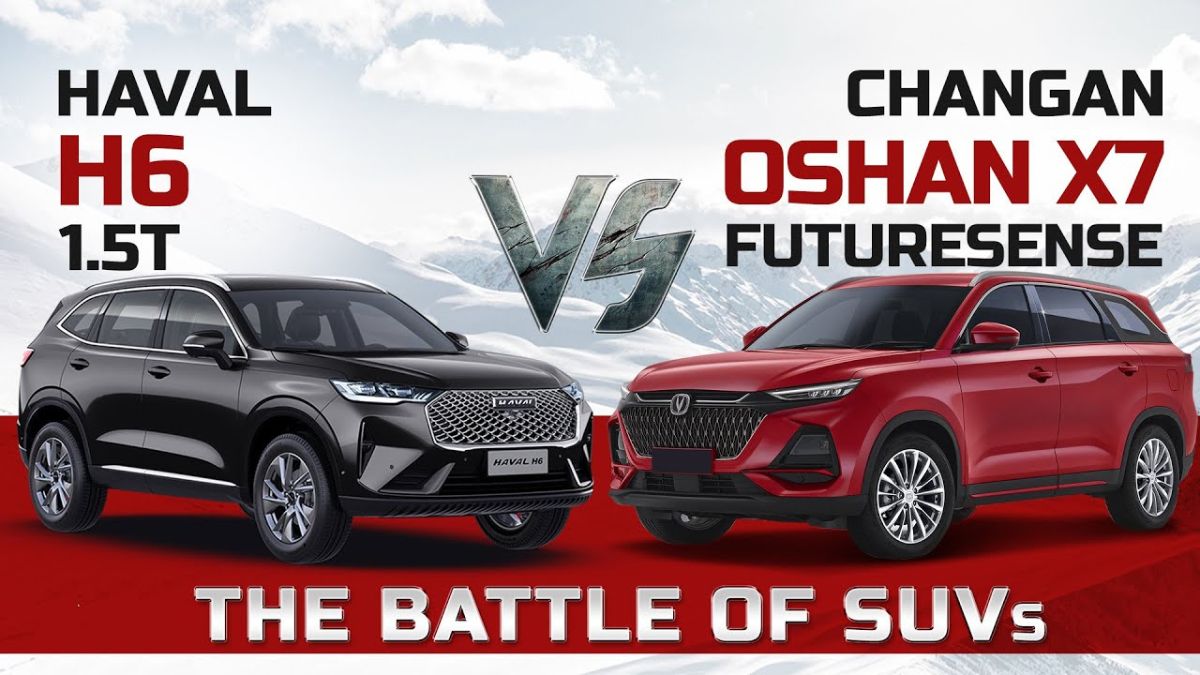 Haval H6 and Changan Oshan X7 side-by-side SUV comparison image highlighting specifications and features for Pakistan 2025.