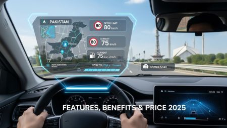 Car HUD projecting speed on windshield in Pakistan