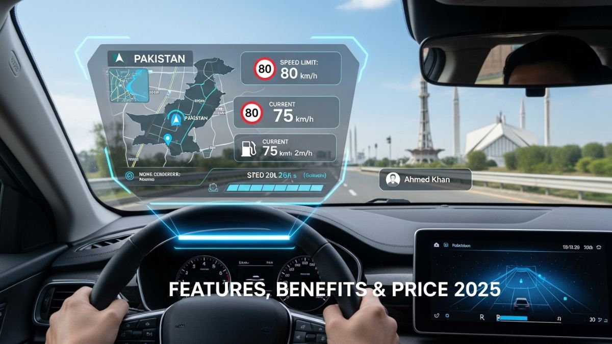 Car HUD projecting speed on windshield in Pakistan