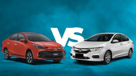 Side-by-side image of 2025 Honda City and Toyota Yaris showing front and side views