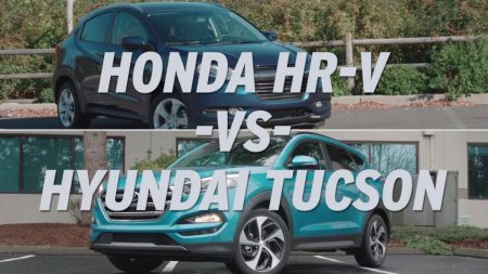 Side-by-side comparison of 2025 Honda HR-V e:HEV and Hyundai Tucson HEV