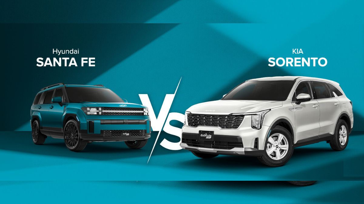 Front view of Hyundai Santa Fe and Kia Sorento 2025 models side by side in Pakistan