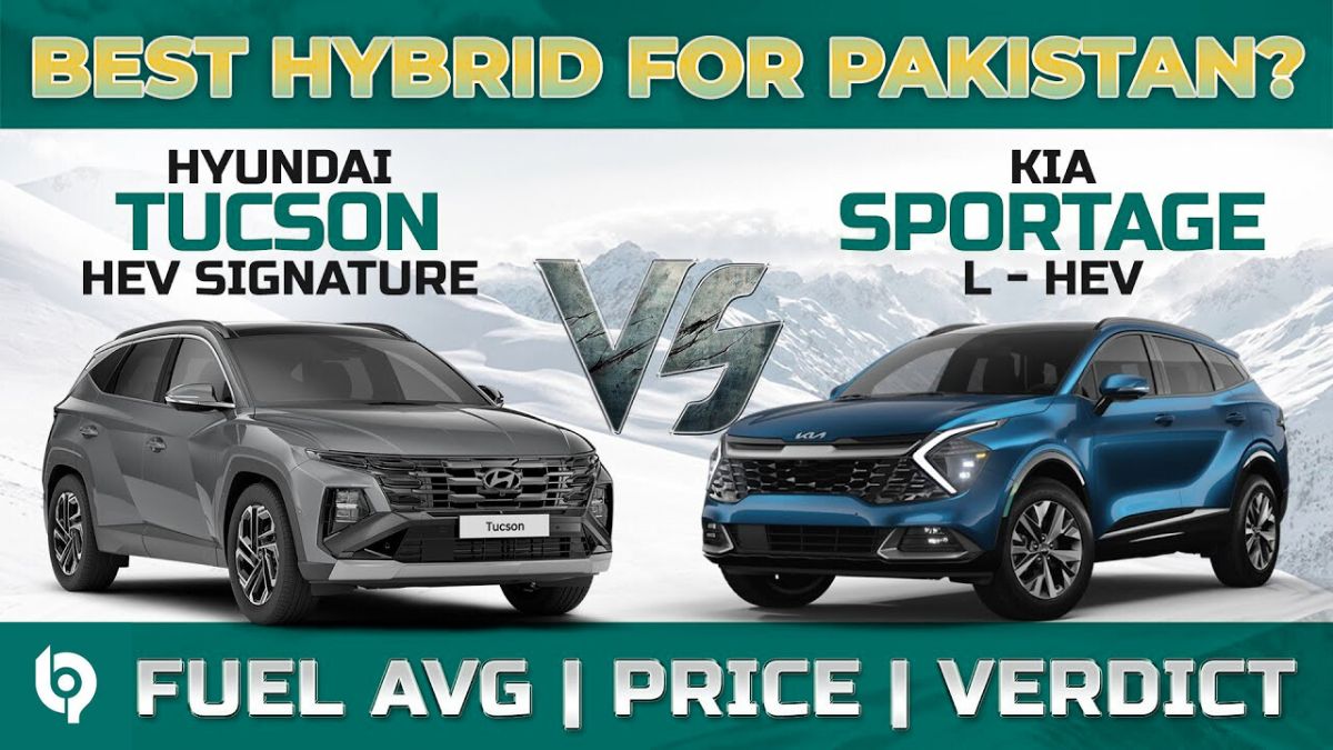 Side-by-side comparison of Kia Sportage L-HEV and Hyundai Tucson HEV Signature hybrid SUVs in Pakistan