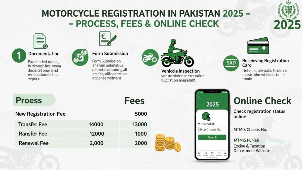 Motorcycles parked outside Excise office in Pakistan for registration