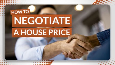 Buyer discussing house price negotiation with real estate agent in front of a home