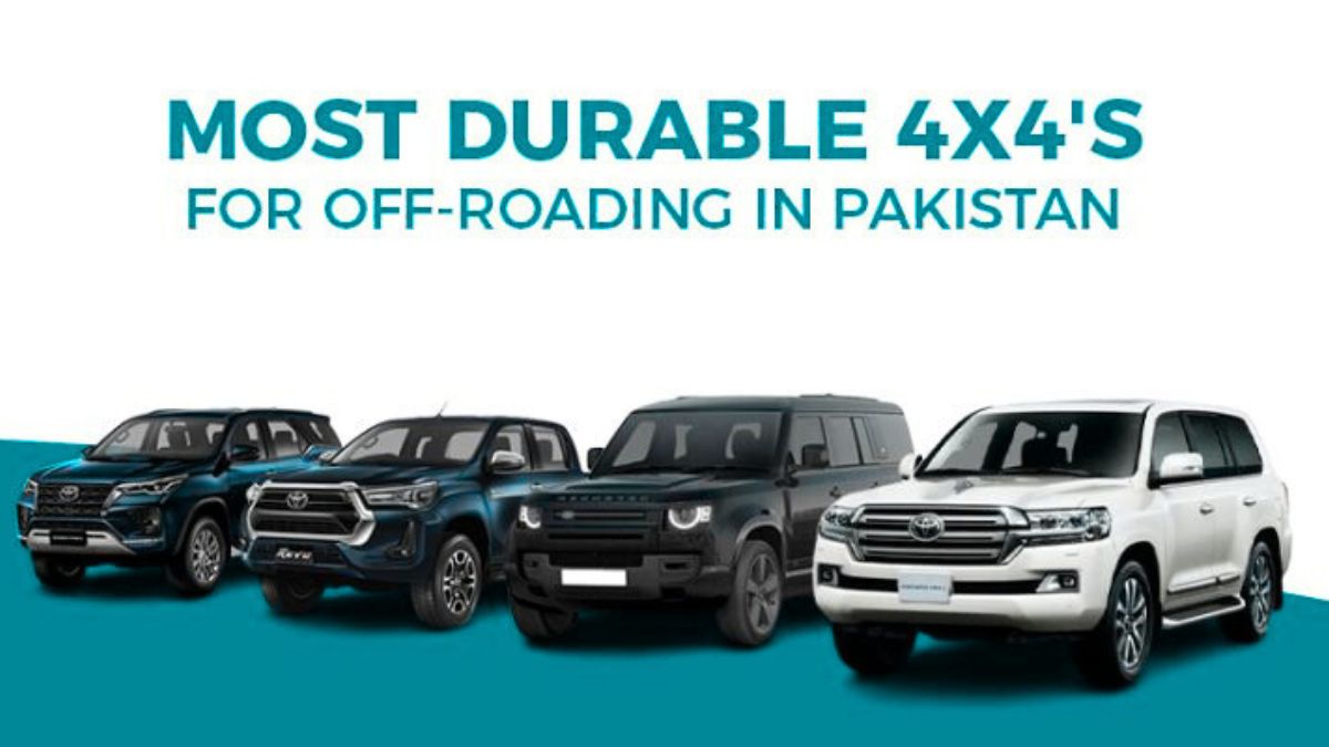 Various offroad vehicles parked in rugged terrain in Pakistan