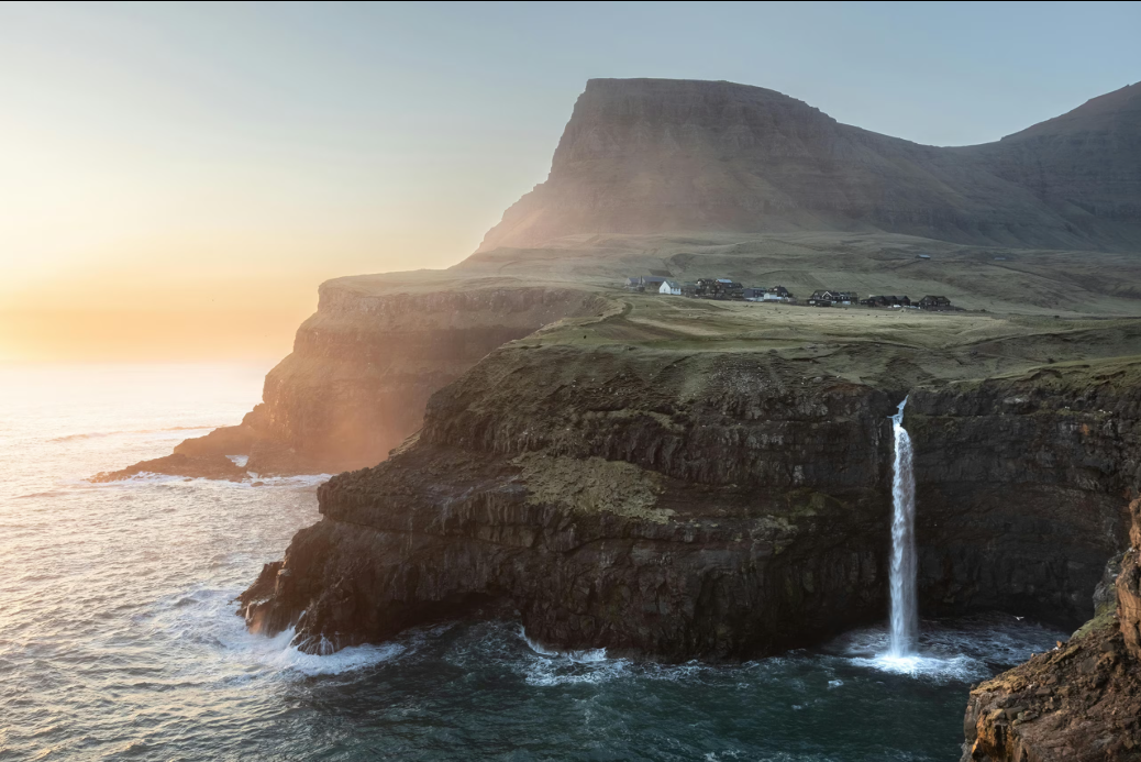 Einar’s Distillery in Klaksvík, Faroe Islands surrounded by fjords