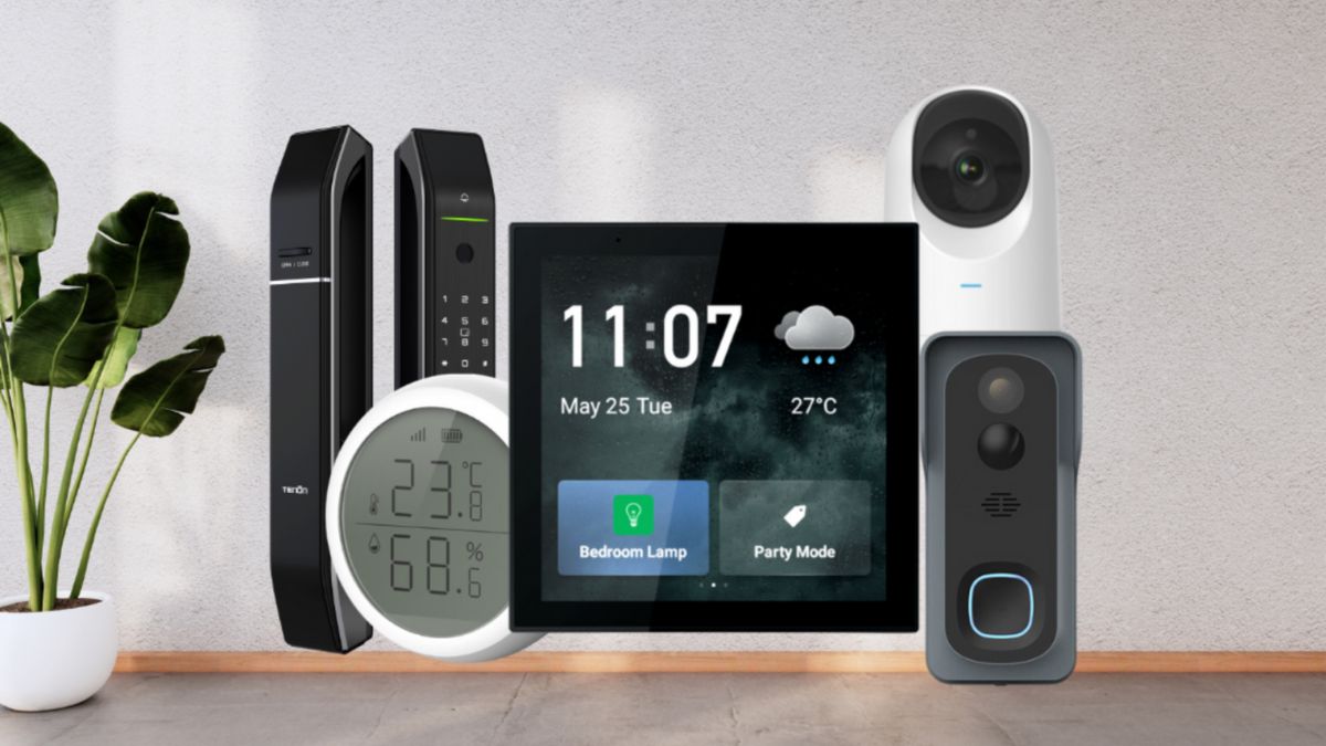 A modern home setup showcasing top smart home devices including speakers, lights, and security cameras.