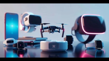 A collection of top tech gadgets in 2025 including smartphones, smartwatches, headphones, laptops, and smart home devices.