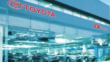 Exterior view of Toyota car showroom in Islamabad with displayed vehicles