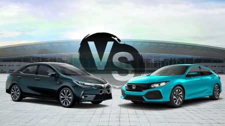 Toyota Corolla vs Honda Civic Fuel Economy Comparison 2025 – Which Car Saves More Fuel? Front view of 2025 Toyota Corolla and Honda Civic side-by-side highlighting fuel efficiency comparison.