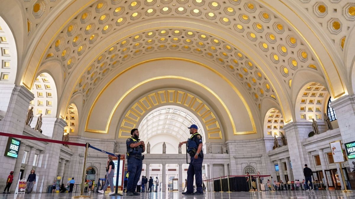 National Guard patrols outside Washington Union Station during Trump’s federal takeover