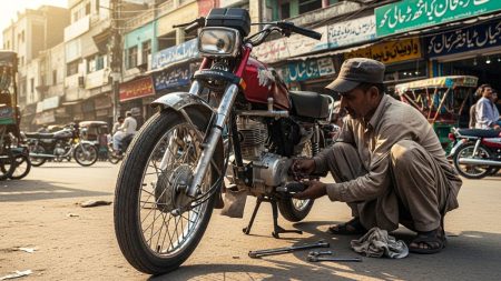 Mechanic inspecting a used bike in Pakistan with focus on tires, brakes, and engine