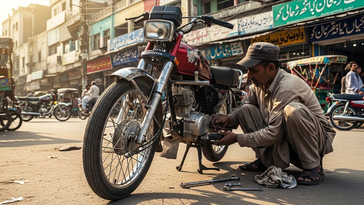 Mechanic inspecting a used bike in Pakistan with focus on tires, brakes, and engine